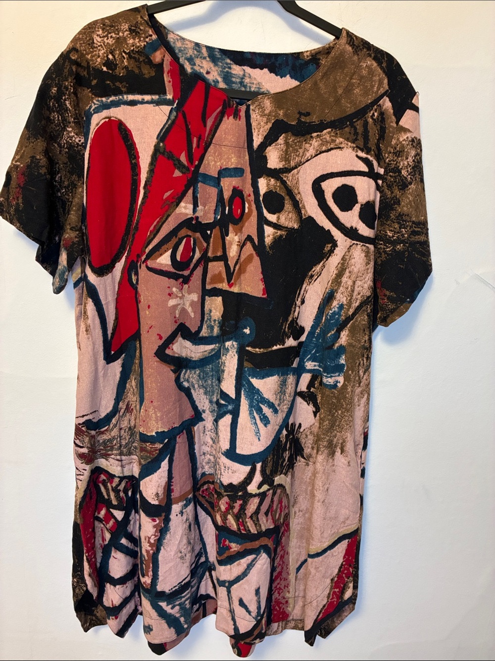 Abstract Face Print Short Sleeve Linen Dress - Pink, Red, Blue, Black Medium